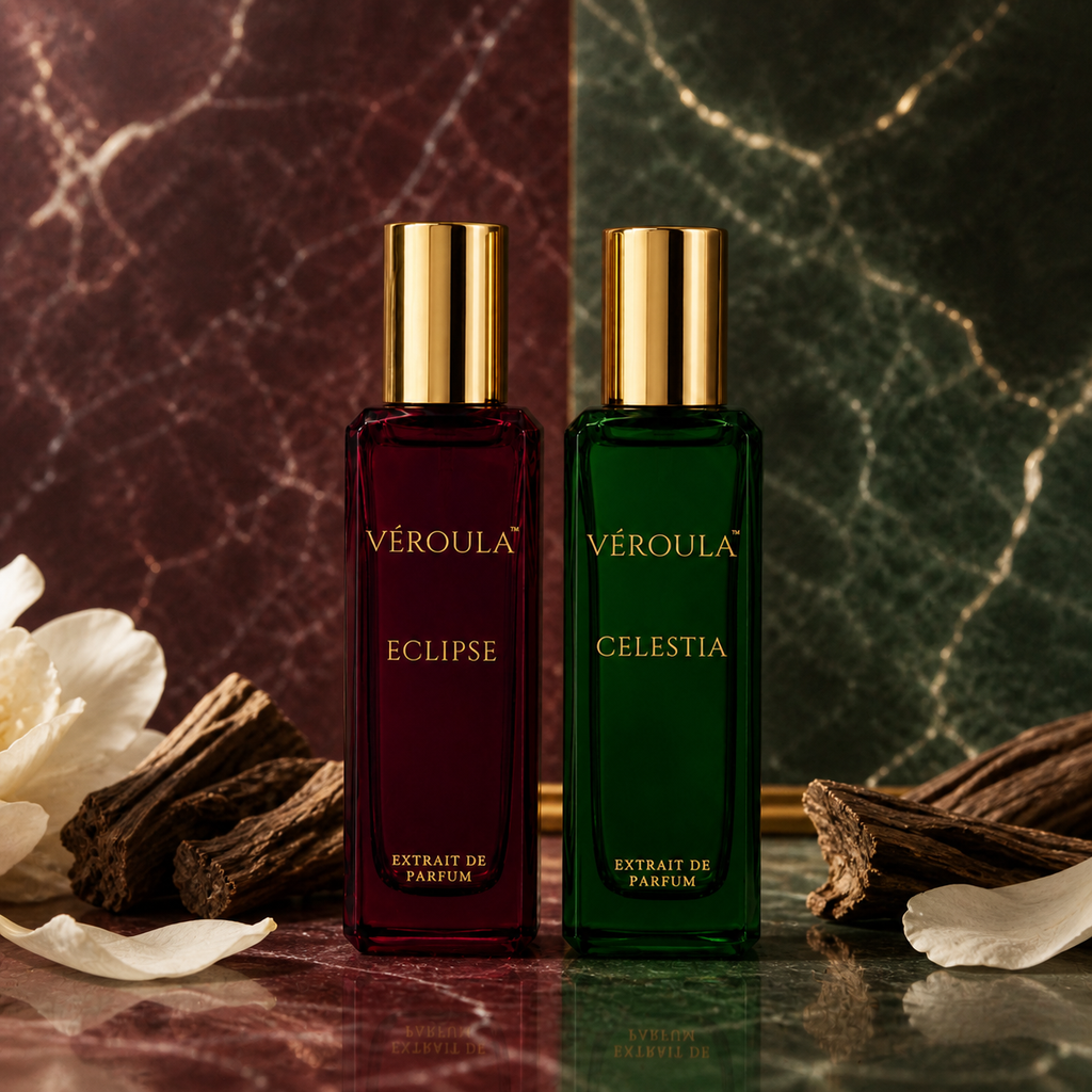 Véroula Eclipse and Celestia 20 ML Combo on burgundy and emerald stone