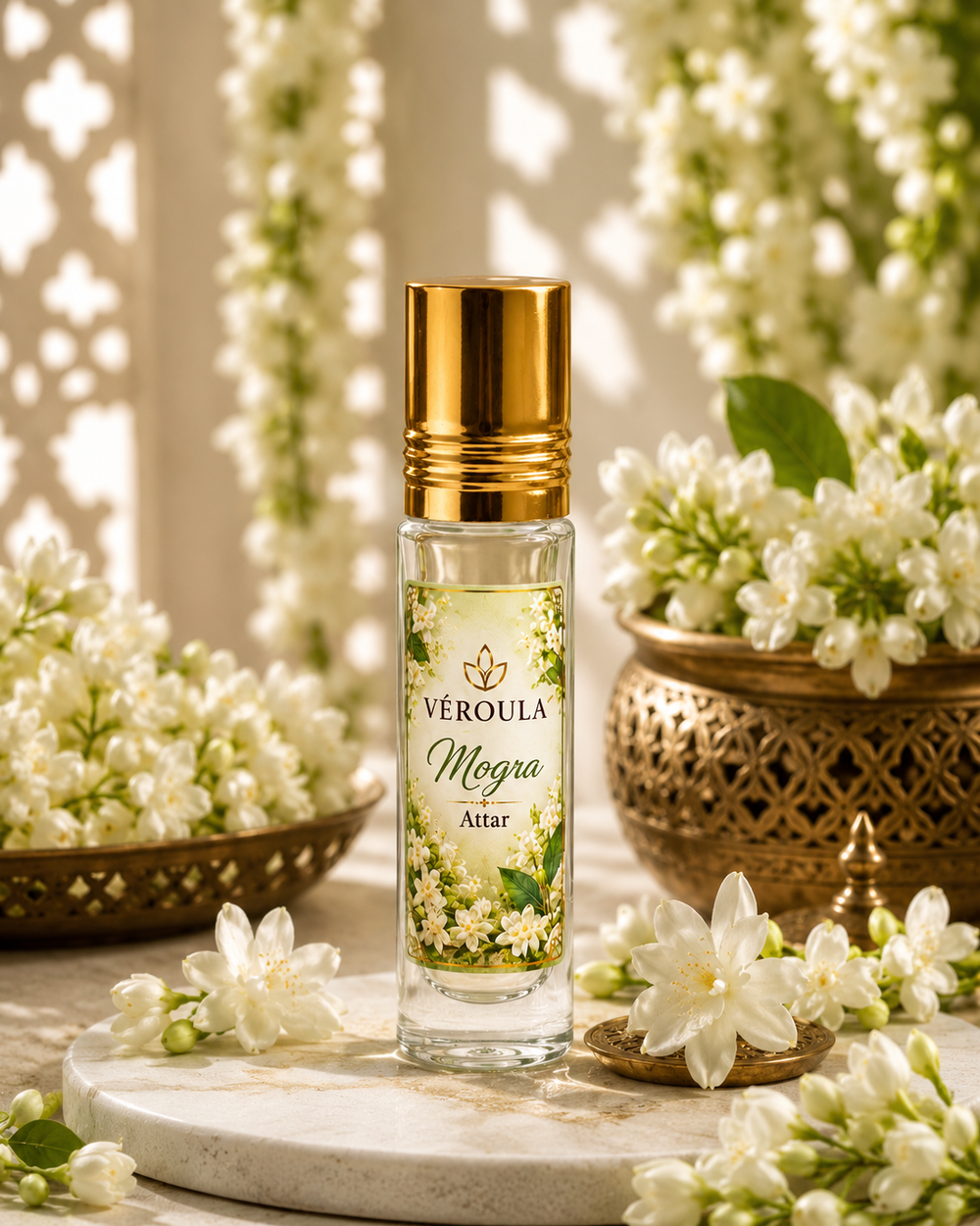 Véroula Mogra Attar 8 ML with white mogra blossoms