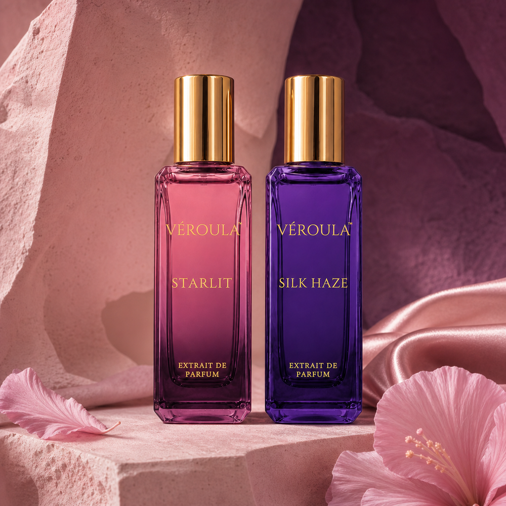Véroula Starlit and Silk Haze 20 ML Combo in a blush and violet setting